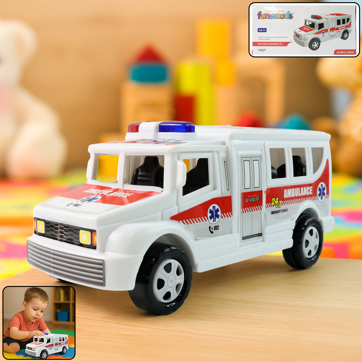 Funwoods Friction Powered Ambulance Toy For Kids (1 Pc)