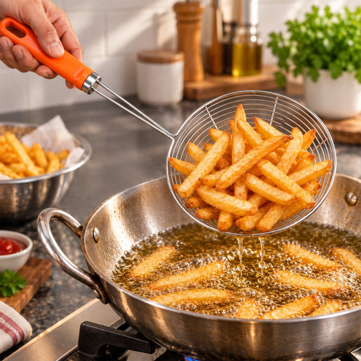 Stainless Steel Frying Strainer Spoon For Puri And Snack Draining (1 Pc 34 Cm)